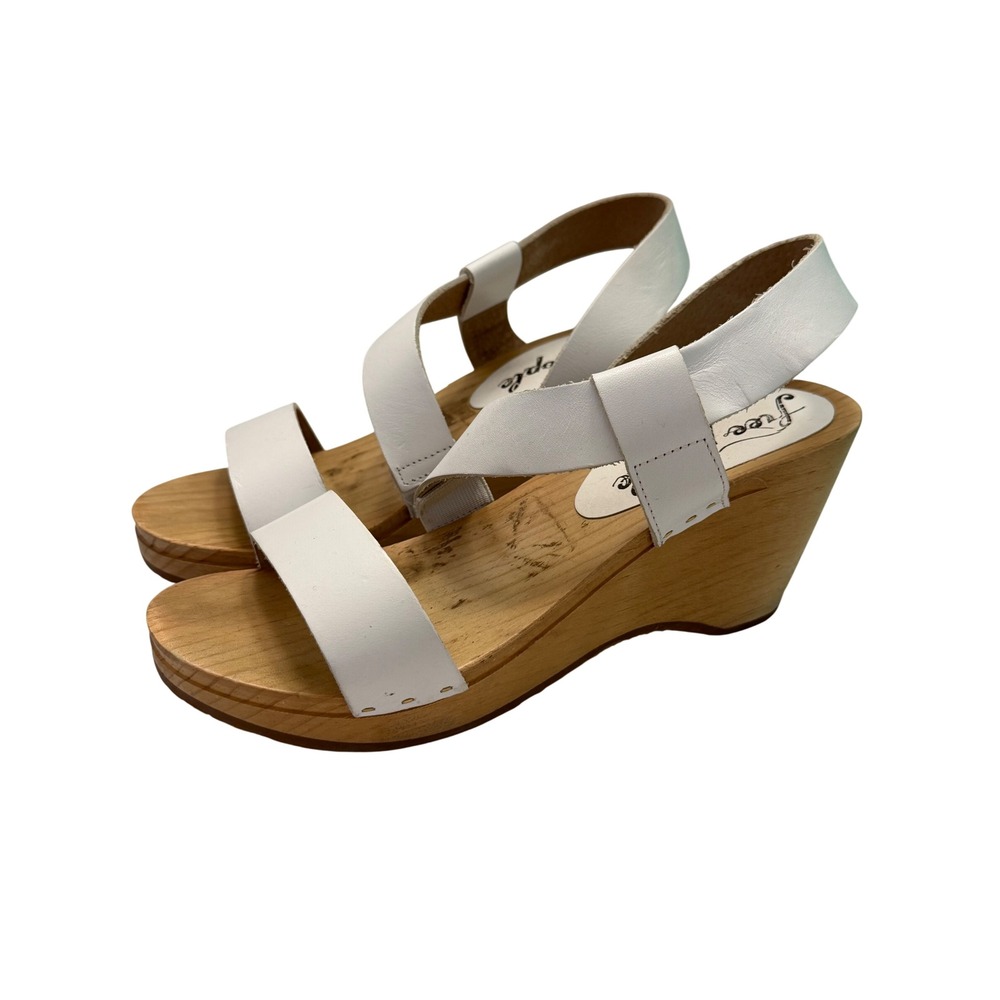Free People White Leather Wood Wedge Clog Sandals Made in Spain Size 38